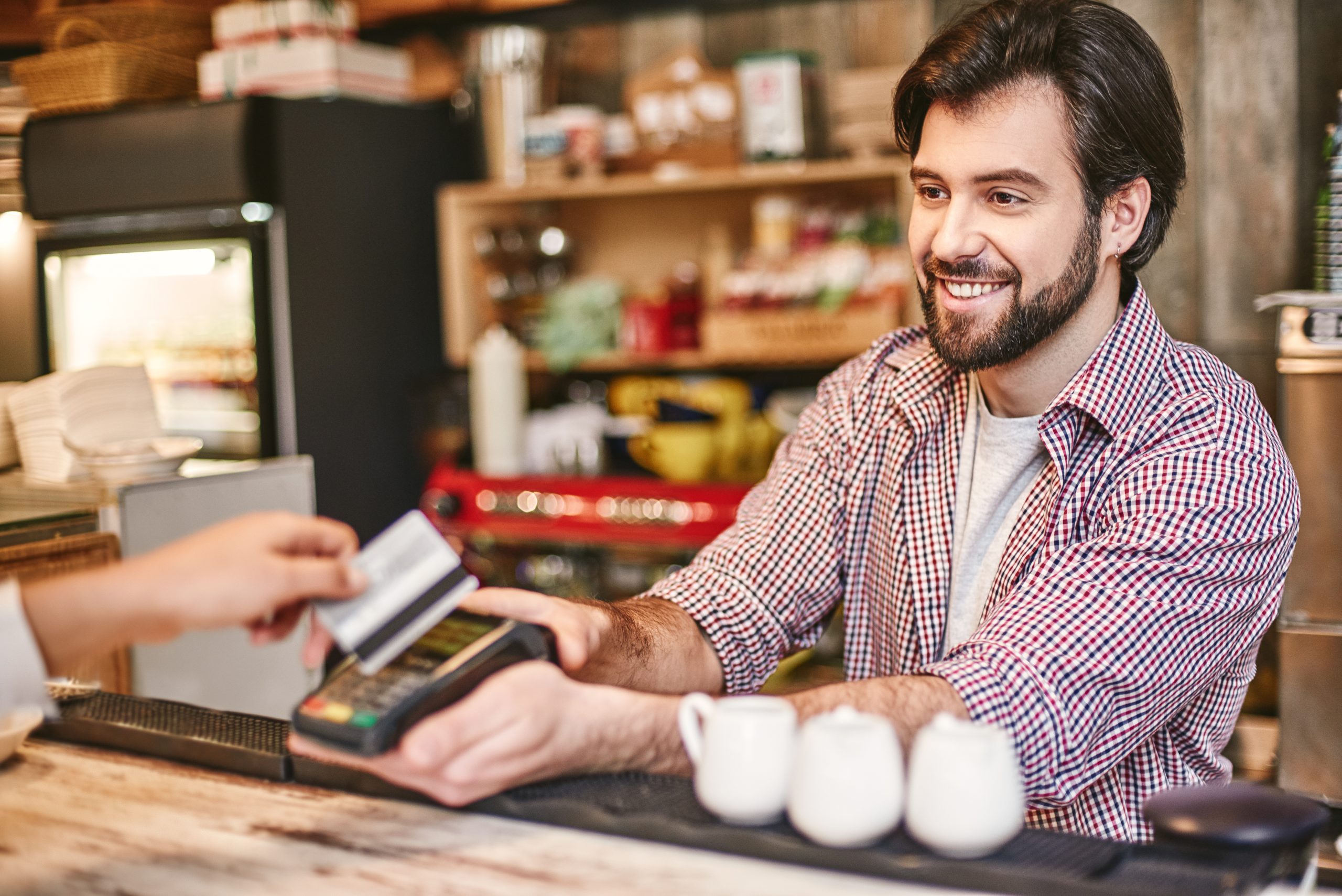 You Feel Alive To The Degree That You Feel You Can Help Others. Small Business, Payment, People And Service Concept Woman With Credit Card Buying Coffee At Cafe Or Coffee Shop