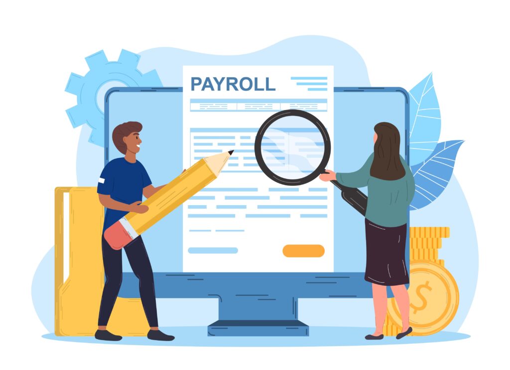 Man and woman use pencil and magnifier to examine payroll check
